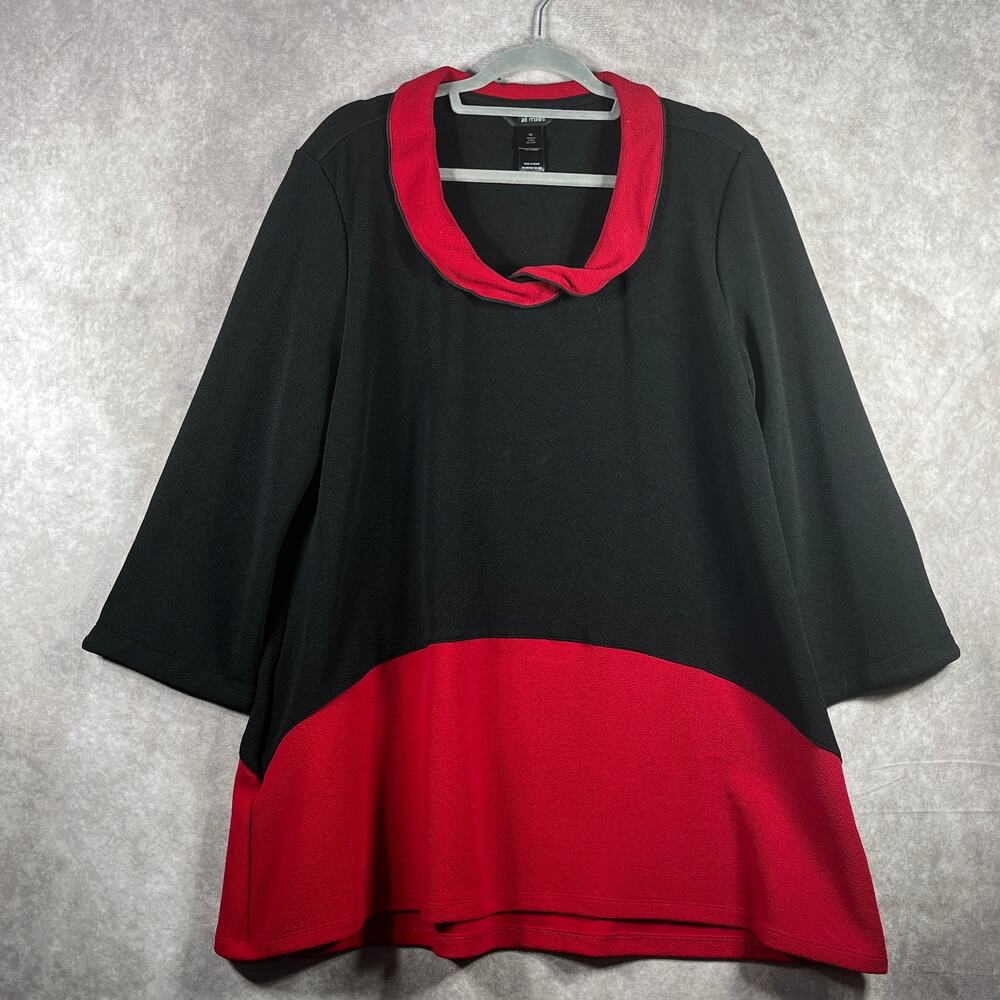 Ali Miles Top Womens Size XL Black Red Colorblock 3/4 Sleeves Tunic Artsy Mature